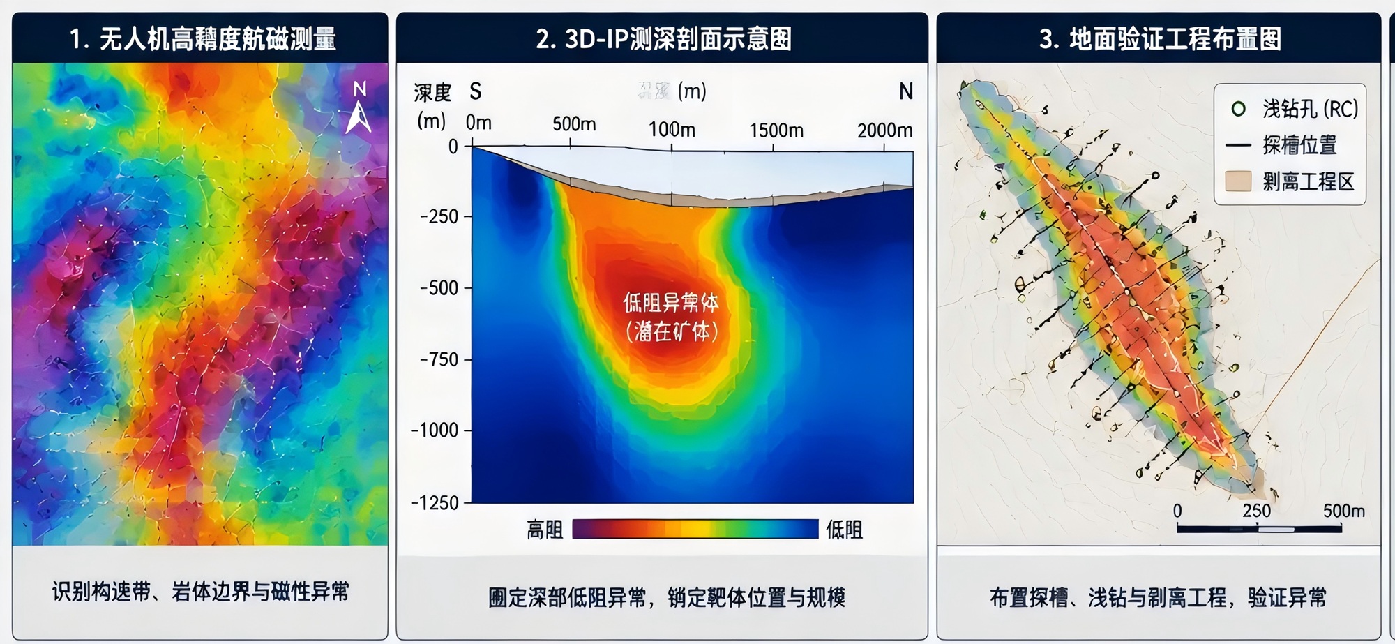 无人机磁测与 3D-IP 布局,为深部异常体和钻探位置提供工程约束。
