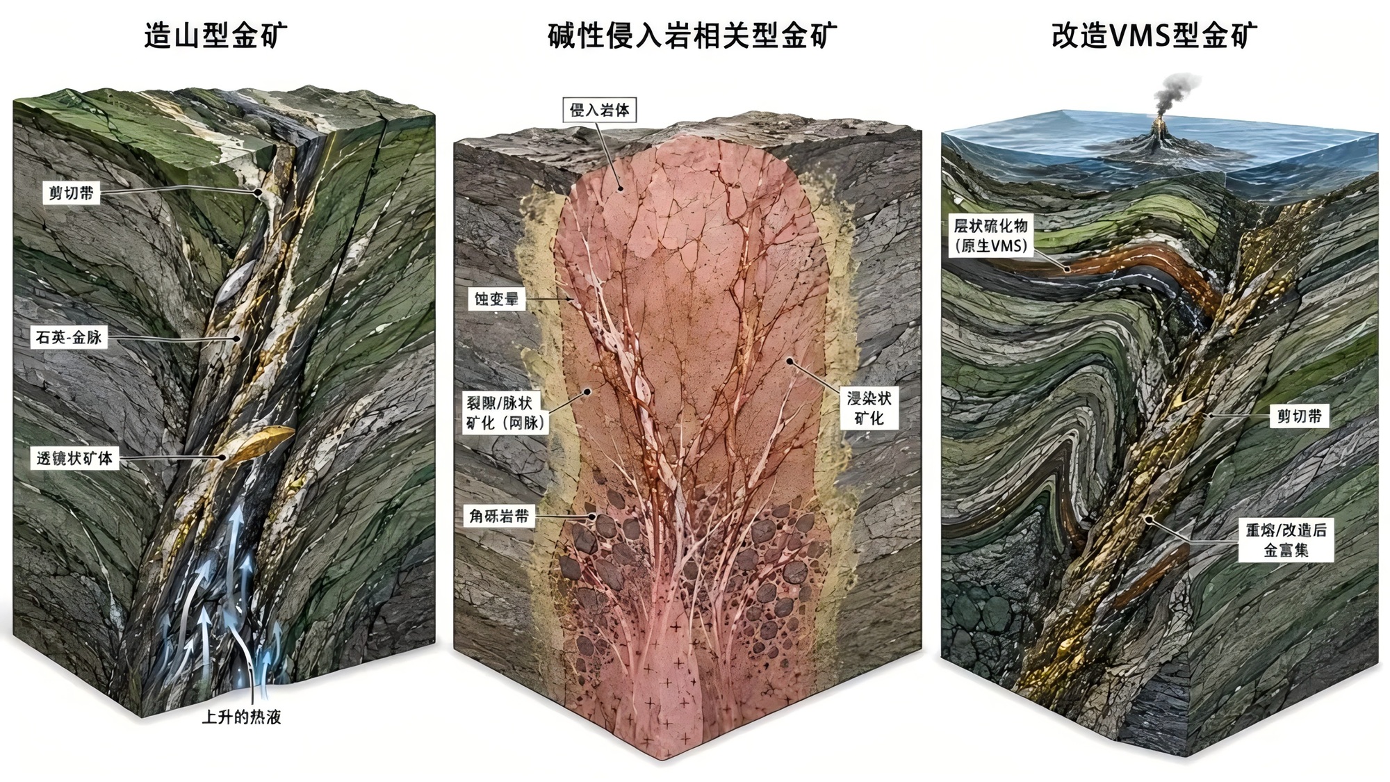 三类主要金矿床地质特征对比图