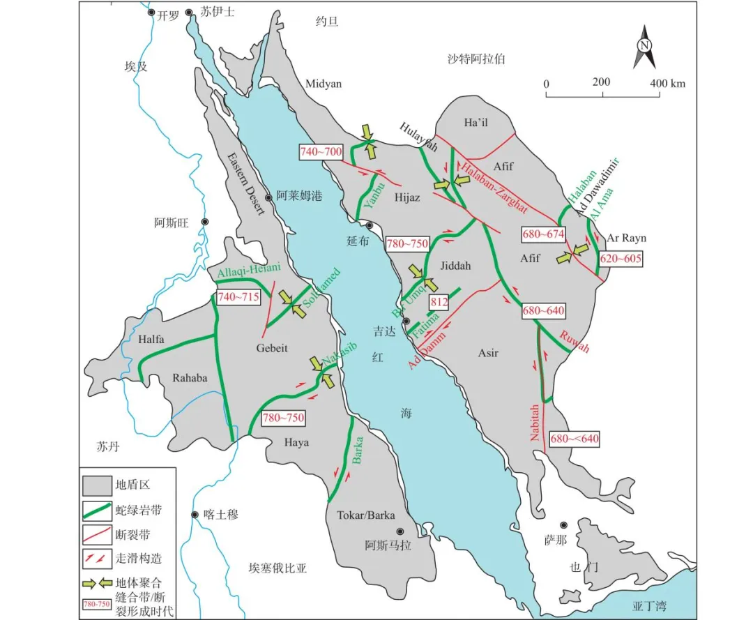 阿拉伯–努比亚地盾构造背景及缝合带和断裂带对比图（引用自西北地质）