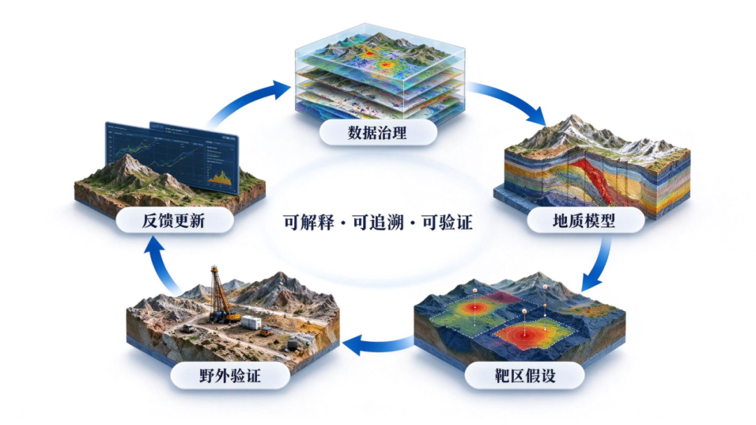 数据、模型、验证与反馈，形成可追溯的勘探闭环