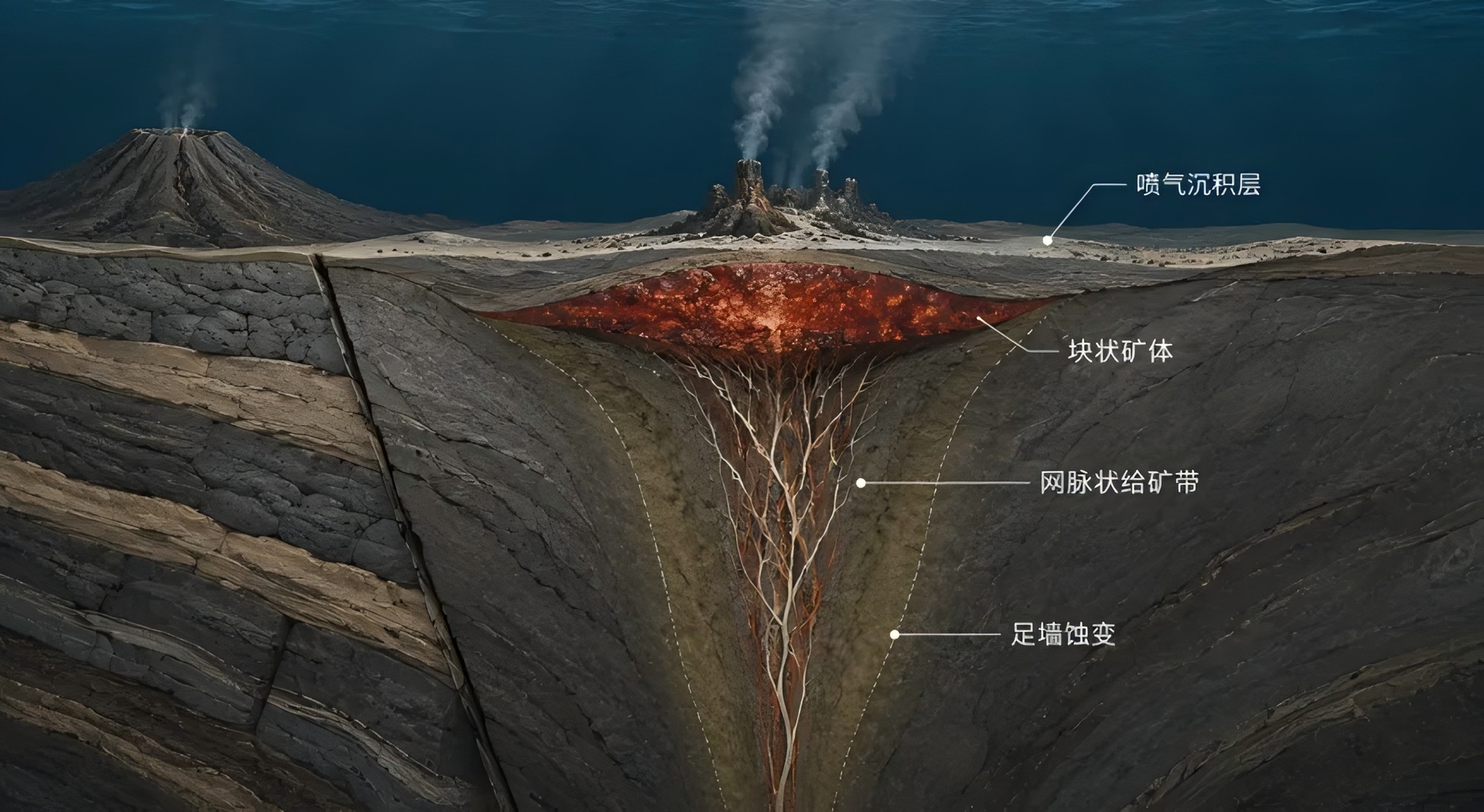 海底火山热液系统示意图。